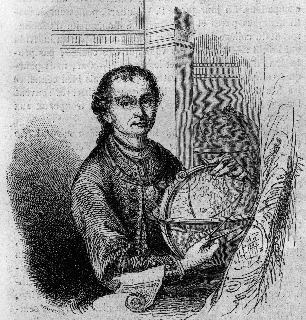 Pierre (Peter) Anichin (1723-1766), tirolilaisen tähtitieteilijän ja kartografin muotokuva, jolla on maapallo ja kompassi. Kaiverrus "" Le Magasin viehättävässä"" tekijältä French School