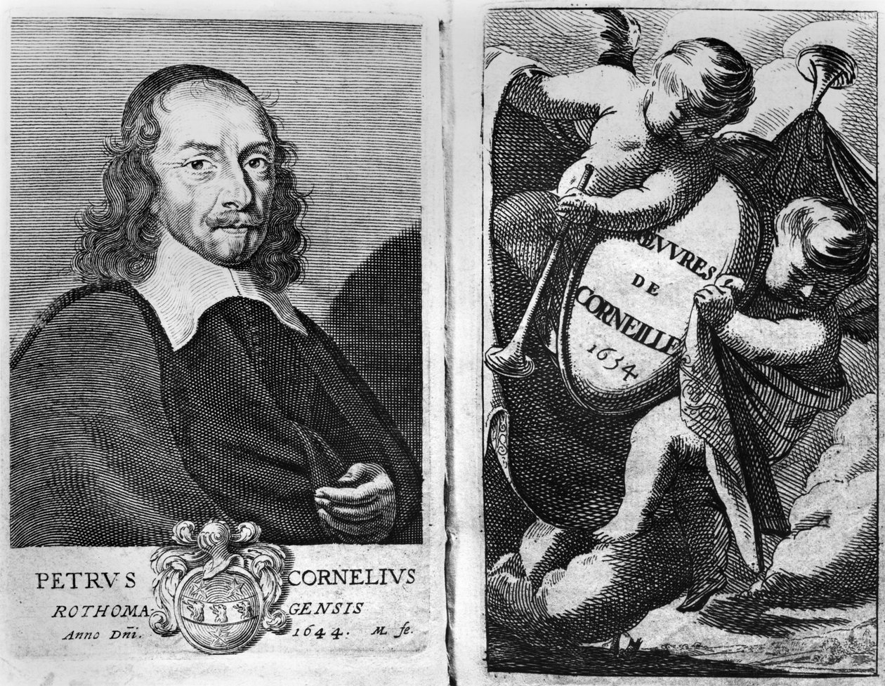 Pierre Corneillen (1606-84) muotokuva 1644, 1634 julkaistun Oeuvres de Corneillen painoksen etulevy tekijältä French School