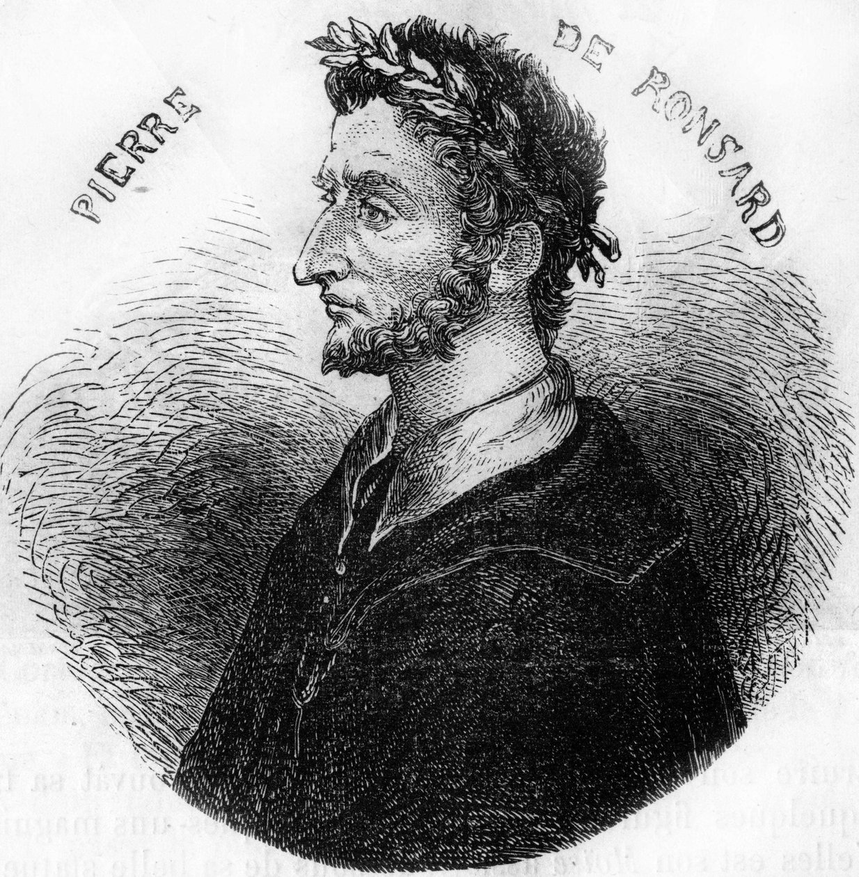 Pierre de Ronsardin muotokuva, runoilija (1524-1585). Teoksessa ""Popular History of France"", nd. noin 1885. Kaiverrus. tekijältä French School