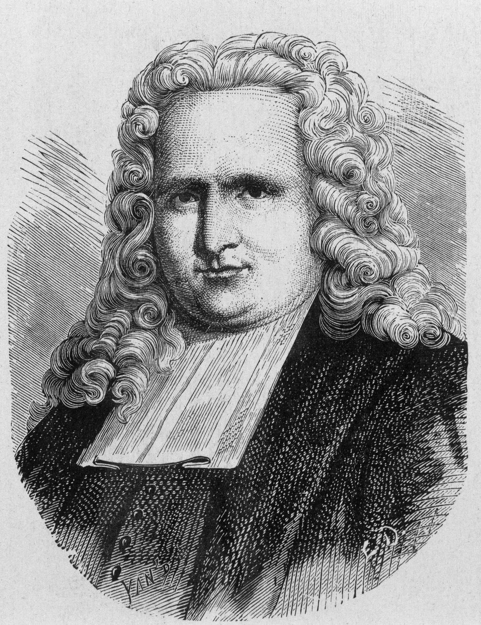 Muotokuva Pieter (Petrus, Pierre) van Musschenbroekista (1692 - 1761), hollantilainen fyysikko, ensimmäisen sähkökondensaattorin (Leidenin pullon) keksijä vuonna 1745 - Tiedealbumissa; maineikkaat tiedemiehet; Suuria löytöjä””” 1896. tekijältä French School