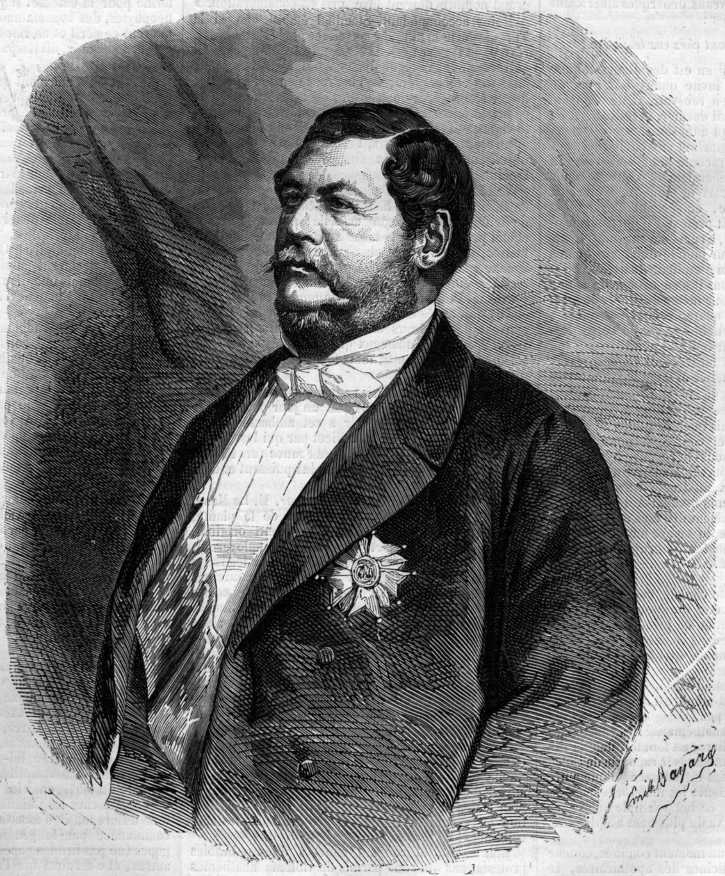 Prinssi Lucien Muratin (Napoleon Lucien Charles) (1803-1878), Joachim Muratin pojan muotokuva. Kaiverrus "" Le Monde Illustré" -julkaisussa nro 208, 6. huhtikuuta 1861. tekijältä French School