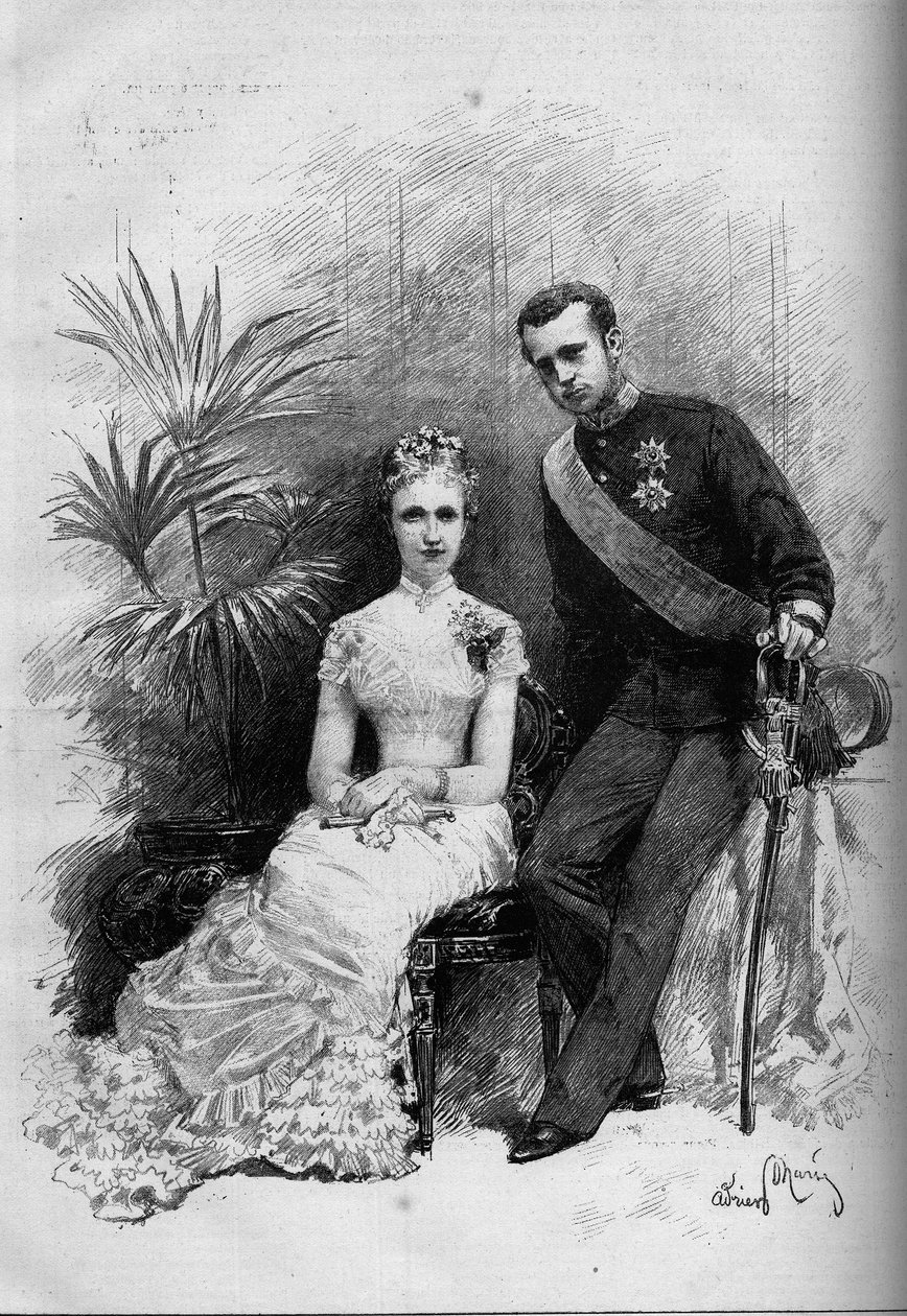 Belgian prinsessa Stephanie (1864-1945) ja Itävallan arkkiherttua Rodolphe (1858-1889) muotokuva. Kaiverrus "" Le Monde Illustré" -julkaisussa nro 1209, 29. toukokuuta 1880. tekijältä French School