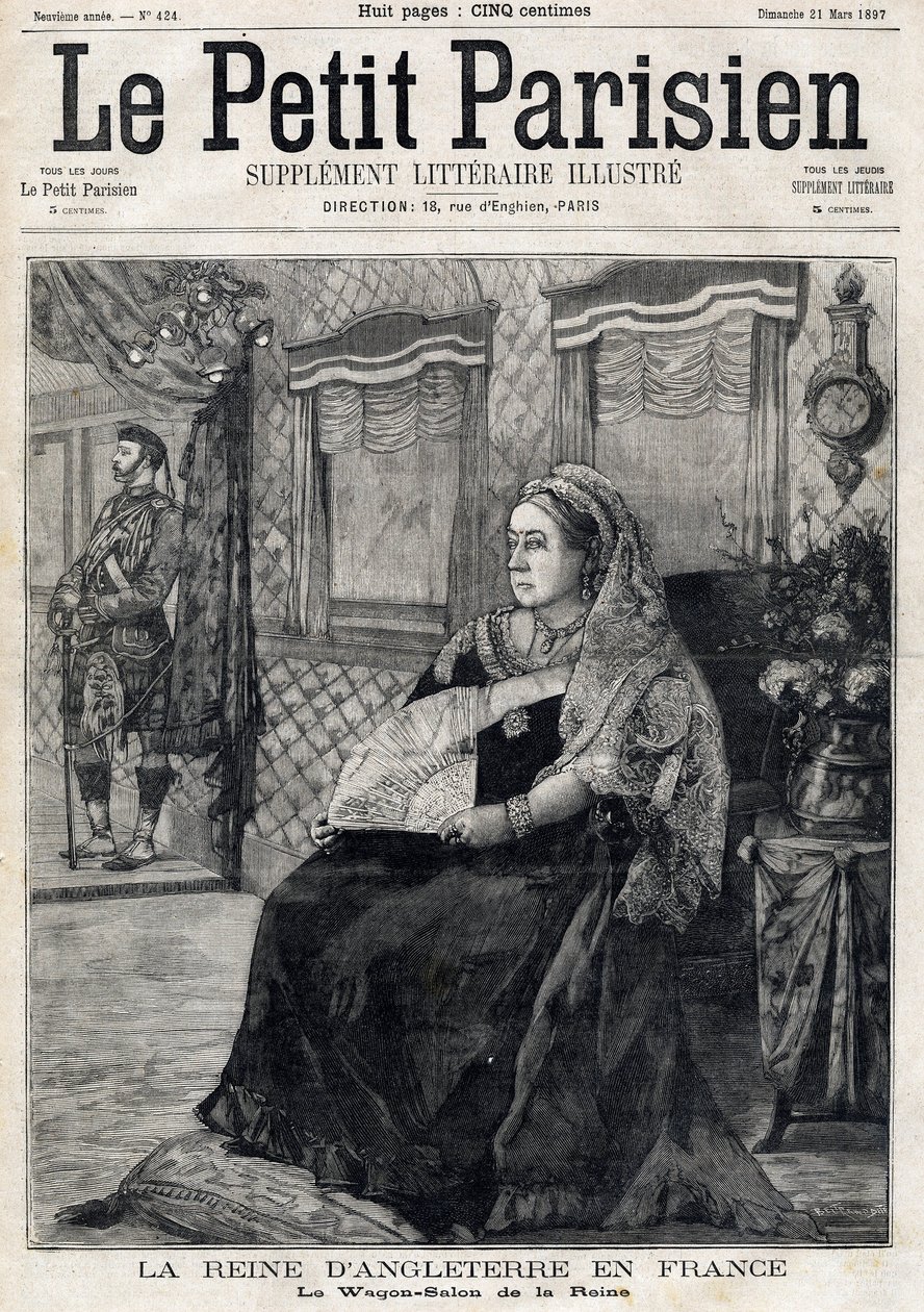 Muotokuva Englannin kuningatar Victoriasta (1819-1901), joka matkustaa Ranskan halki vaunusalonissaan. Ranskalaisen sanomalehden Le petit Parisien etusivu. Maaliskuun 21. päivä tekijältä French School