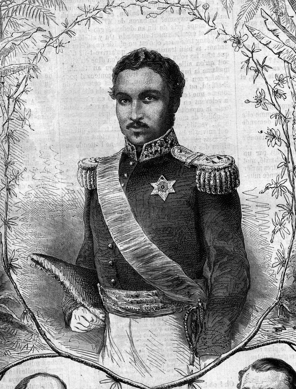 Madagaskarin kuninkaan Radama II:n (1829-1863) muotokuva. Kaiverrus "" Le Monde Illustré" -julkaisussa nro 268, 31. toukokuuta 1862. tekijältä French School