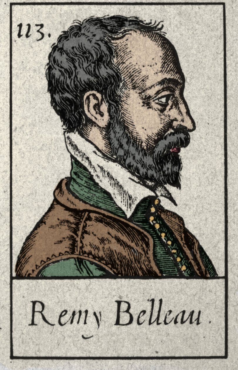 Muotokuva Remy Belleausta (1528-1577) ranskalaisesta runoilijasta, joka kuului plejadilaisuuteen. Kaiverrus 1800-luvulta. tekijältä French School