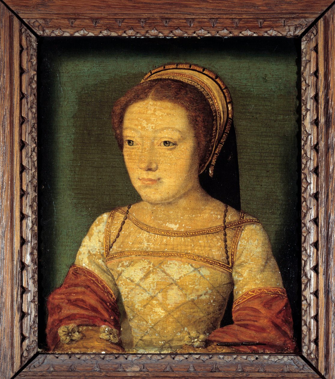Ranskalaisen Reneen muotokuva, Ferraran herttuattaren Ludvig XII:n tytär (1510 - 1575). Öljy puulle, 0,16 x 0,13 m. anonyymi maalaus. 1500-luvun ranskalainen koulu. tekijältä French School