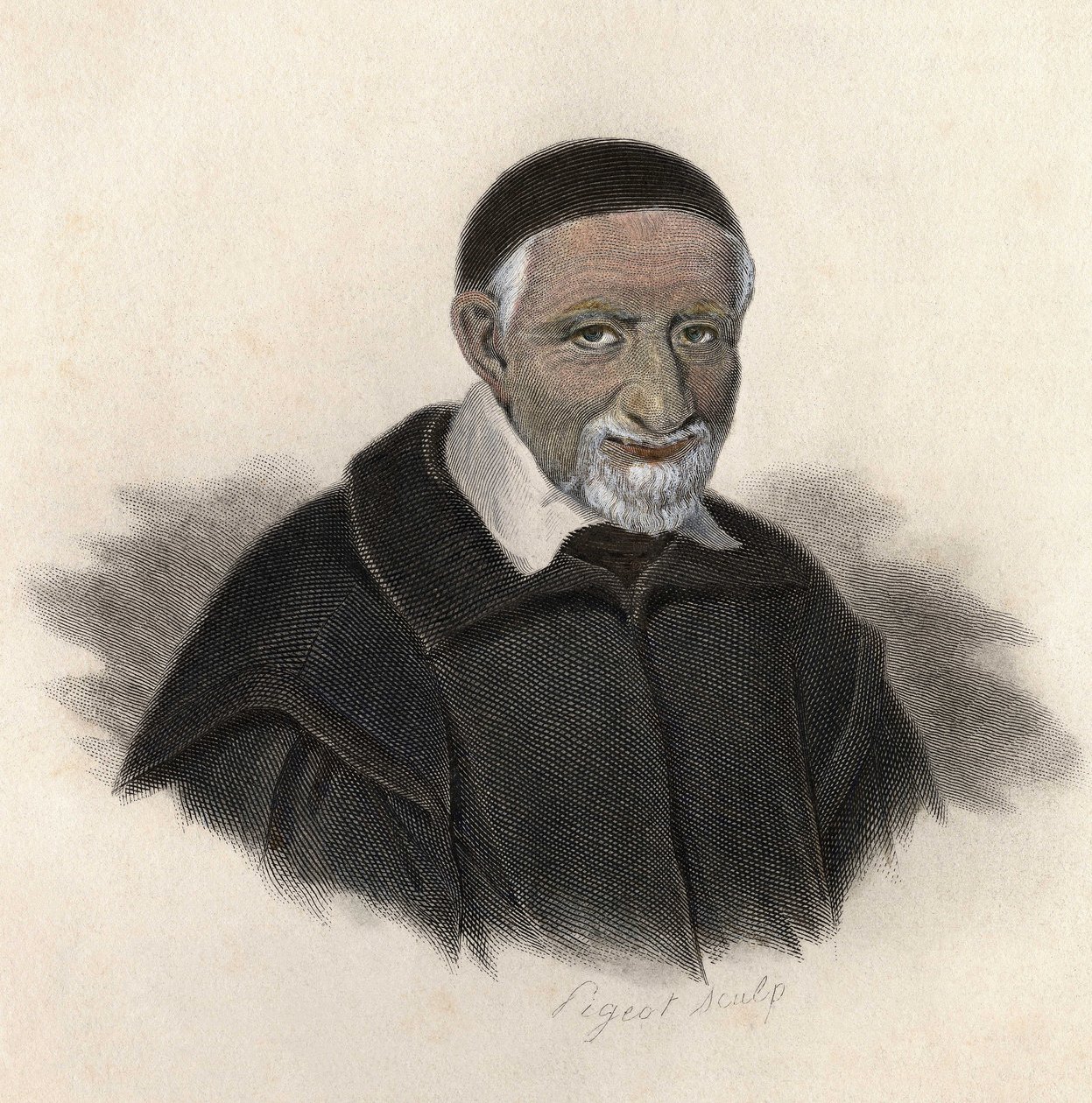 Saint Vincent de Paulin (1581-1660), ranskalaisen papin ja amonierin muotokuva. "Hyödyllisten miesten muotokuvissa" tekijältä French School