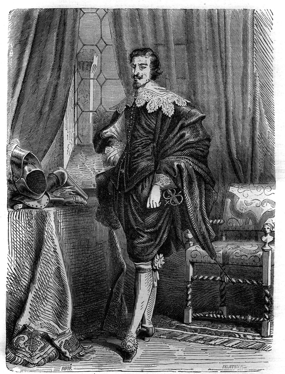Muotokuva Thomas Wentworthista (1593-1641), Earl of Strafford, englantilainen valtiomies, sukkanauharitari ja tärkeä henkilö ensimmäiseen Englannin vallankumoukseen johtaneissa tapahtumissa. Kaiverrus "" History of the Popes (...) Kuningatarkuninkaan ja Em tekijältä French School