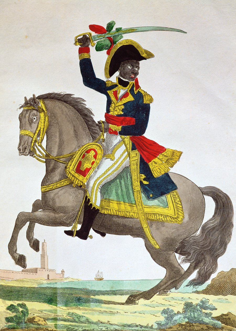 Muotokuva Toussaint Louverturesta (1743-1803) hevosen selässä, 1800-luvun alku (värikaiverrus) tekijältä French School