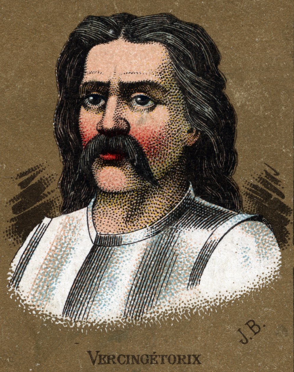 Gallialaisten kuninkaan Vercingetorixin (72-46 eKr.) muotokuva. Kromolitografia noin 1890. tekijältä French School