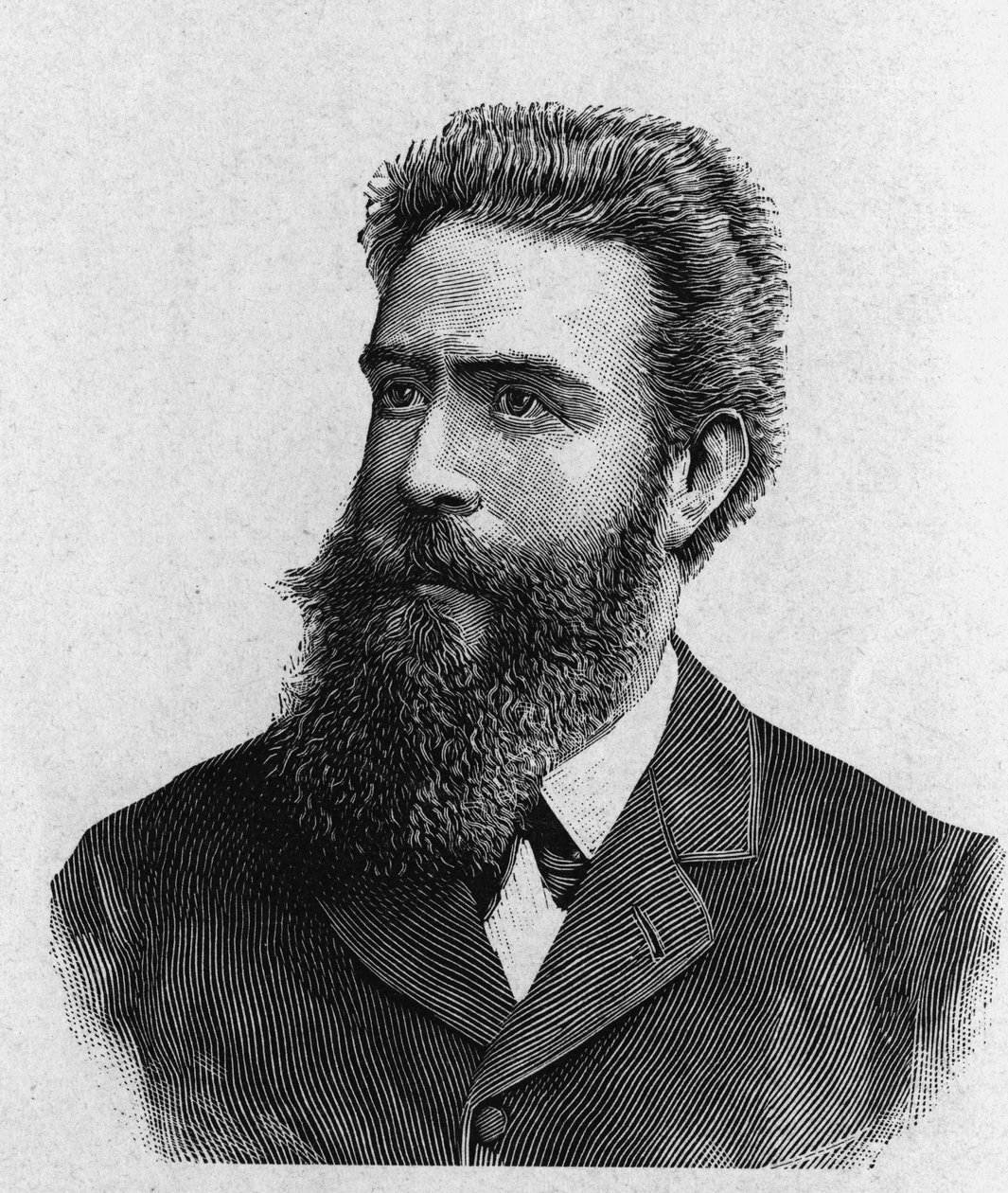 Muotokuva Wilhelm Conrad Rontgenista (Roentgen) (1845 - 1923) - "" Album of Sciencessä; maineikkaat tiedemiehet; Suuria löytöjä””” 1896. tekijältä French School