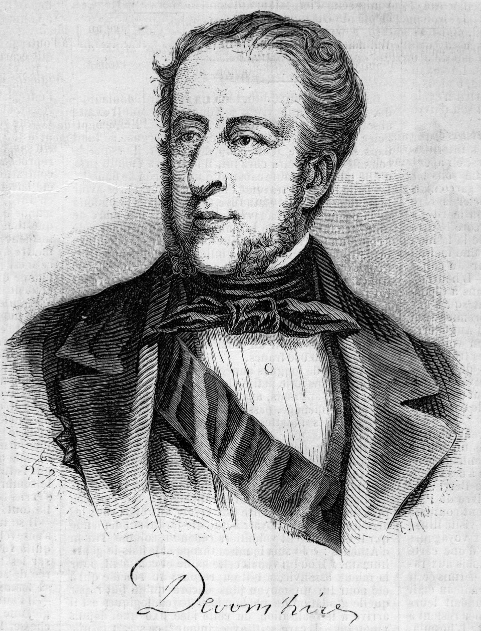 Devonshiren herttua William Spencer Cavendishin (1790-1858) muotokuva. Kaiverrus "" Le Monde Illustré" -julkaisussa nro 45, 20. helmikuuta 1858. tekijältä French School