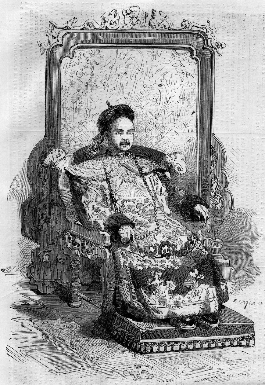 Qing-dynastian Kiinan keisarin Xianfengin (1831-1861) muotokuva. Kaiverrus "" Le Monde Illustré" -julkaisussa nro 199 2. helmikuuta tekijältä French School