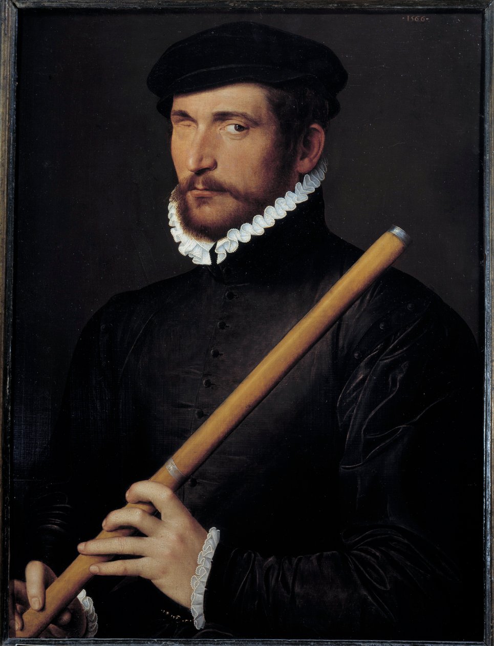 Sokean huilusoittajan muotokuva Ecole francaise -maalaus. 1566 Su. 0,62x0,5 m - Yksisilmäisen huilusoittajan muotokuva. Ranskalainen koulumaalaus. 1566. 0,62 x 0,5 m. Louvre-museo, Pariisi tekijältä French School