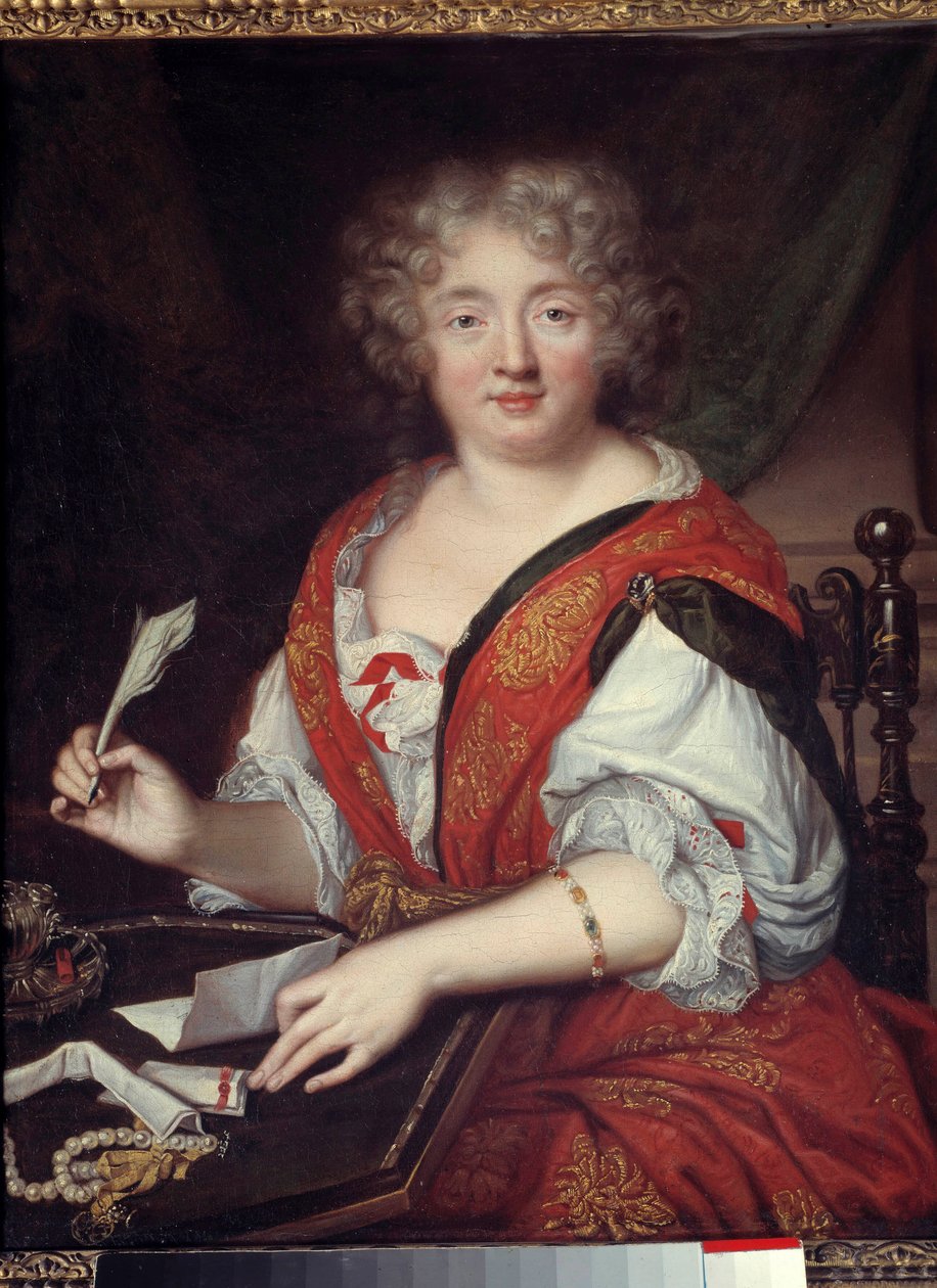 Muotokuva kirjoittavasta naisesta, joka tunnettiin aiemmin nimellä Madame de Sevigne (1626-1696) Se olisi Marie de Rabutin-Chantal (Rabutin Chantal), Marquise de Sevigne dit Madame de Sevigne (1626-1696), kirjainten nainen. Hän käyttää rannekorua puolen kä tekijältä French School