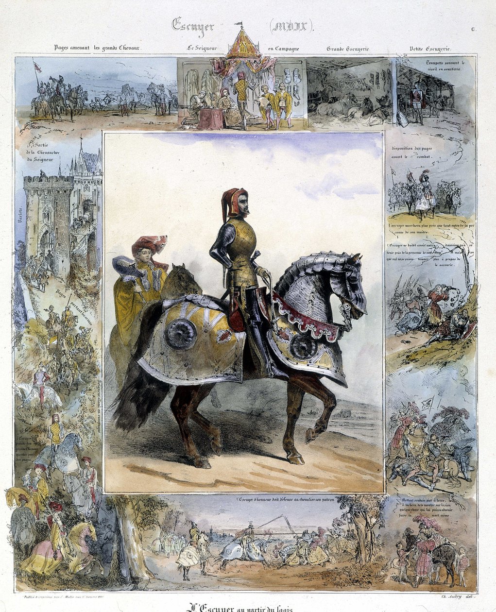 Ecuyerin muotokuva Charles Aubryn teoksessa "Picturesque History of Ancient and Modern Riding". tekijältä French School
