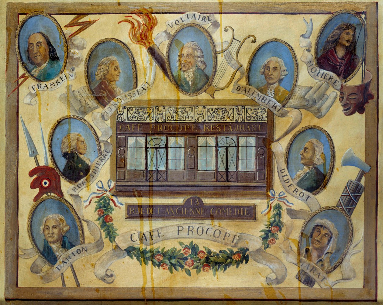Muotokuva historiallisista henkilöistä ja näkymä pariisilaisesta kahvilasta Le Procope: Benjamin Franklin, Jean Jacques Rousseau, Voltaire, Jean D