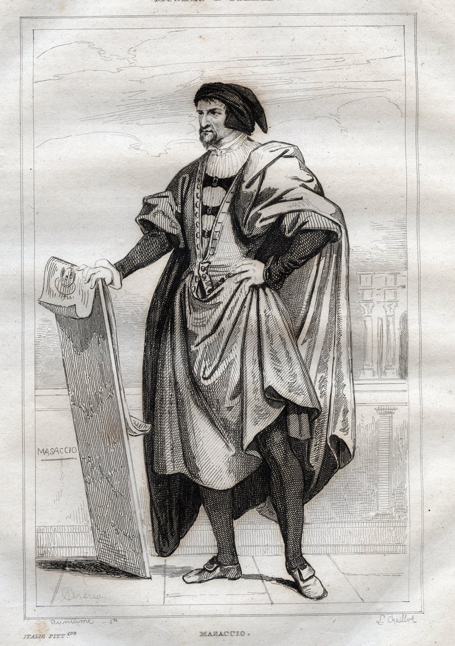 Muotokuva italialaisesta taidemaalari Masaccion (Tommaso di Giovanni Cassai) (1401-1428) - Kaiverrus "" Italy Picturesque" - Historiallinen ja kuvaava maalaus Italiasta", M. de Norvins, Ch. Nodier 1834-1836. tekijältä French School