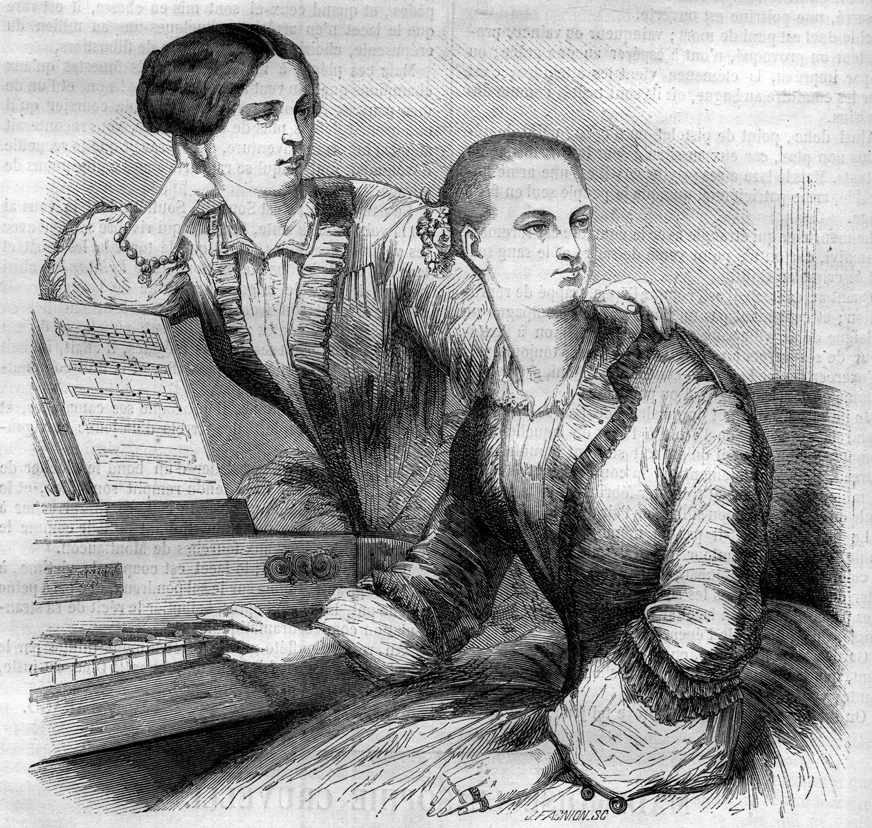 Muotokuva Cruvellien sisaruksista, saksalaisista tanssijoista. Sophie Cruvelli (Johanna Sofia Charlotte Cruwell, toim.) (1826-1907) ja Marie Cruvelli (Friederike Marie Cruwell, toim.) (1824-1868). Kaiverrus vuodelta 1852. tekijältä French School