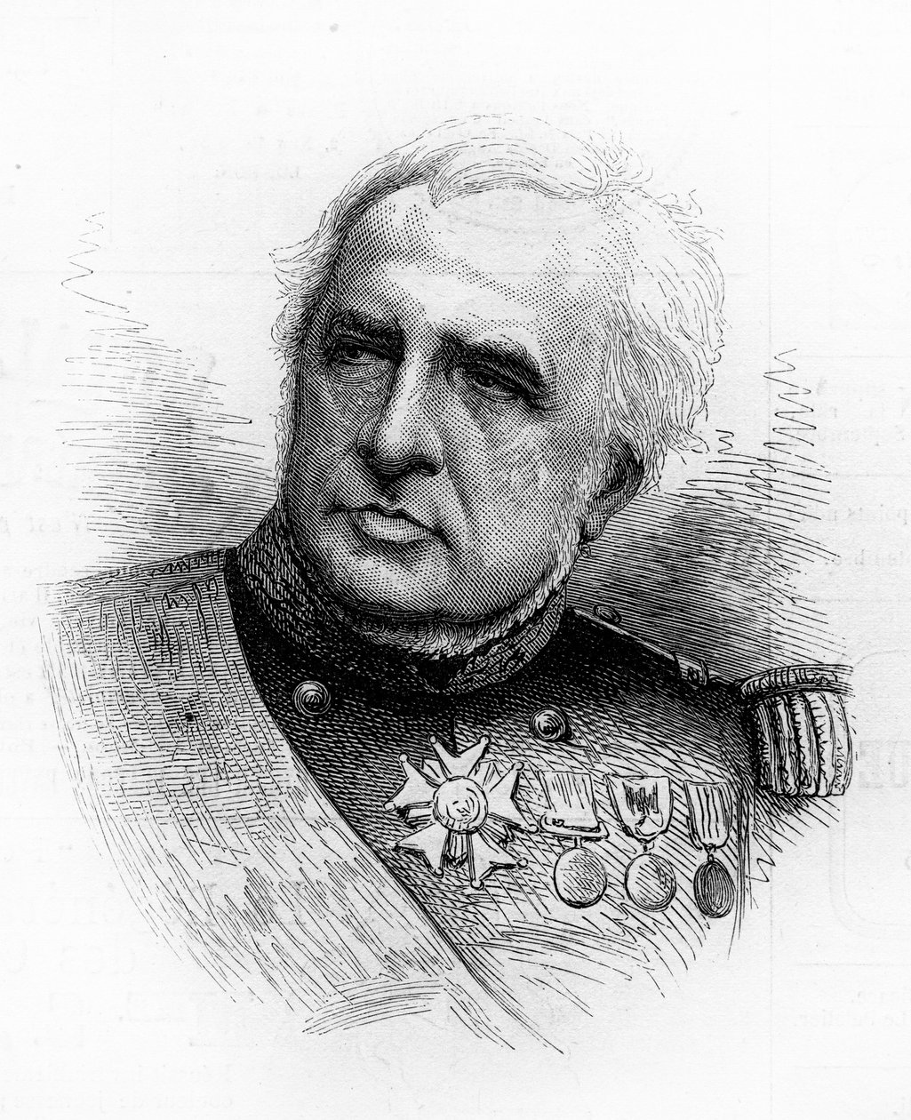 Ranskalaisen amiraali Camille Adlbert Marie de la Ronciere le Noury ​​(1816-1881) muotokuva. Kaiverrus "" Le Monde Illustré" -julkaisussa nro 1260, 21. toukokuuta 1881. tekijältä French School