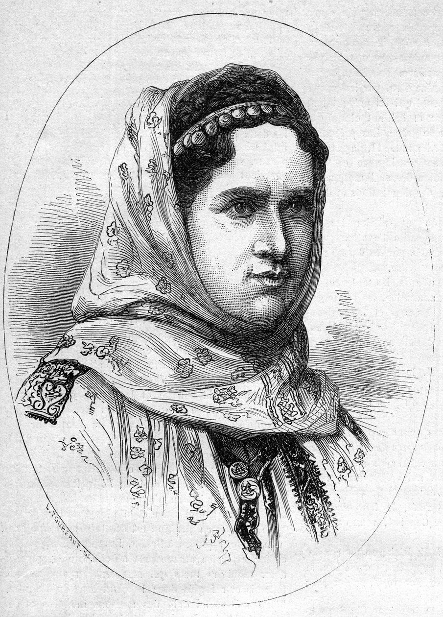 Muotokuva Romanian prinsessasta Elisabeth Pauline Ottilie Louise de Wiedistä (1839-1914), tulevan Romanian kuninkaan Charls 1:n (Carol 1st) vaimosta. Kaiverrus "" Le Monde Illustré" -julkaisussa nro 1054, 23. kesäkuuta 1877. tekijältä French School