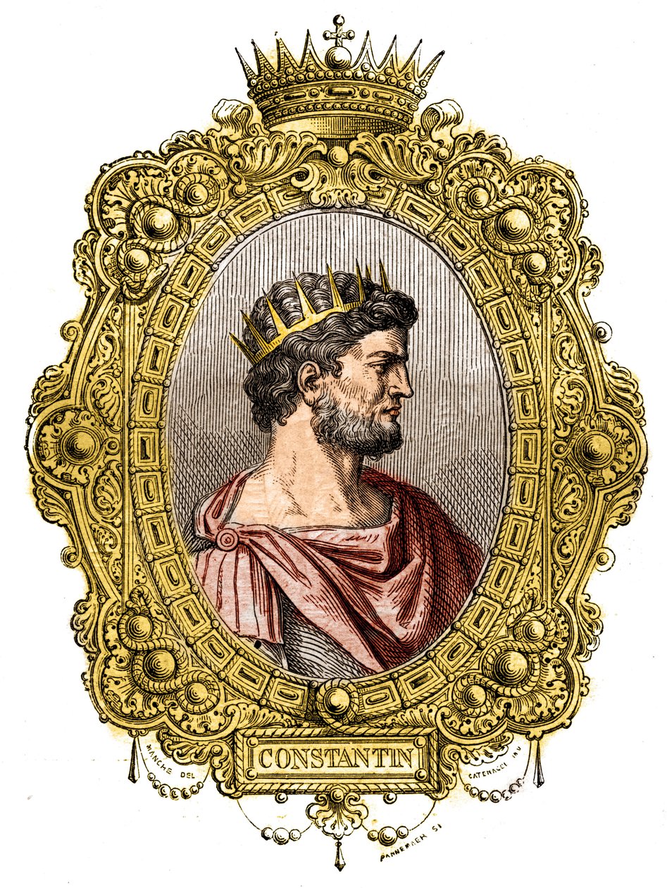 Muotokuva Rooman keisarista Konstantinus I Suuresta (274-337). Maurice Lachatren kaiverrus teokseen "Paavien-kuninkaiden-kuningattaren ja keisarien historia vuosisatojen ajan" tekijältä French School