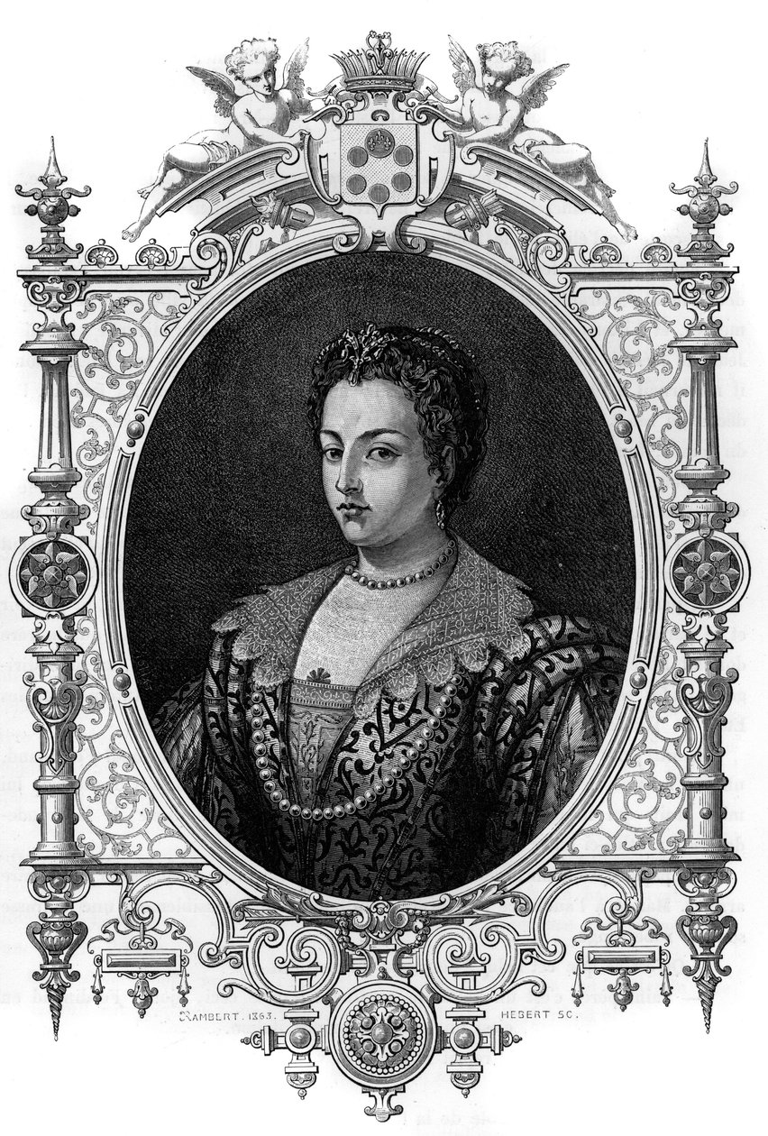 Muotokuva venetsialaisesta Bianca Cappellosta (1548 - 1587), Francois de Mediciksen (Francesco de Medici) vaimo. Kaiverrus vuodelta 1862 ensimmäisten kirjoittajiemme kirjaan ""The Queens of the World". Kirja julkaistu J. G. D. ARMENGAUDin johdolla. tekijältä French School