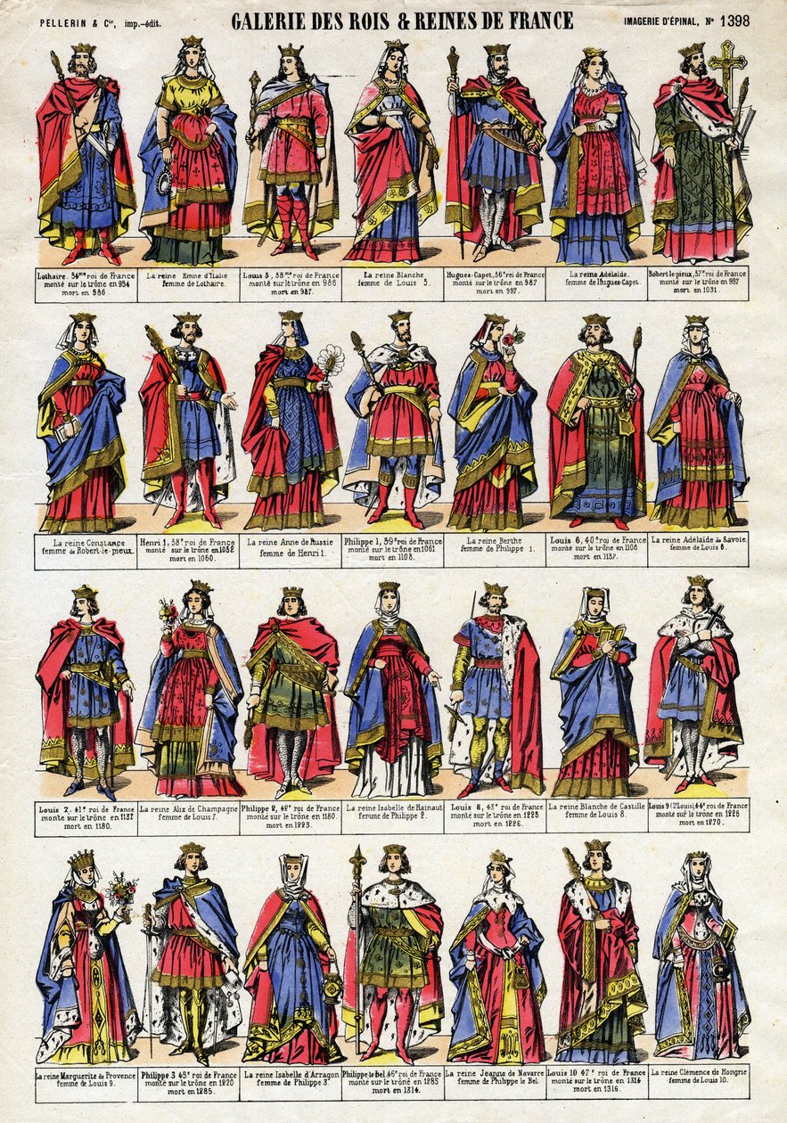 Muotokuva Ranskan kuninkaista ja kuningattaresta Kapetsin dynastiasta (Kapetian dynastia) Lothairesta (941-986) Ludvig X Hutiiniin (1289-1316). Epinaalikuvaus 1800-luvun lopulta. Yksityinen kokoelma. tekijältä French School