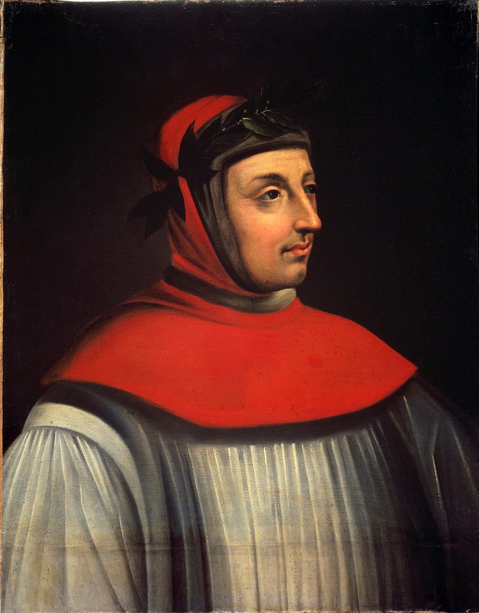 Muotokuva runoilijasta Francesco Petraca dit Petrarquesta (1304-1374) 1600-luvun ranskalaisen koulukunnan maalaus. Himmeä. 0,73 x 0,57 m Versailles. Musee Du Chateau - Muotokuva runoilijasta Francesco Petrarcasta nimeltä Petrarch (1304-1374). Ranskan maala tekijältä French School