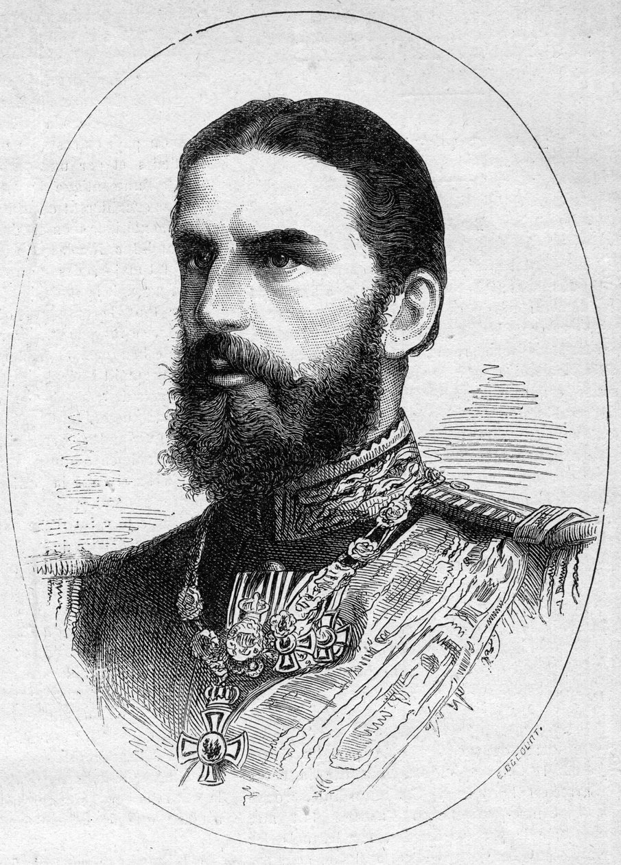 Muotokuva Romanian prinssistä Charles de Hoenzolern Sigmaringerista (1839-1914), tulevasta kuninkaasta Charles I (Carol I) nimellä. Kaiverrus "" Le Monde Illustré" -julkaisussa nro 1054, 23. kesäkuuta 1877. tekijältä French School