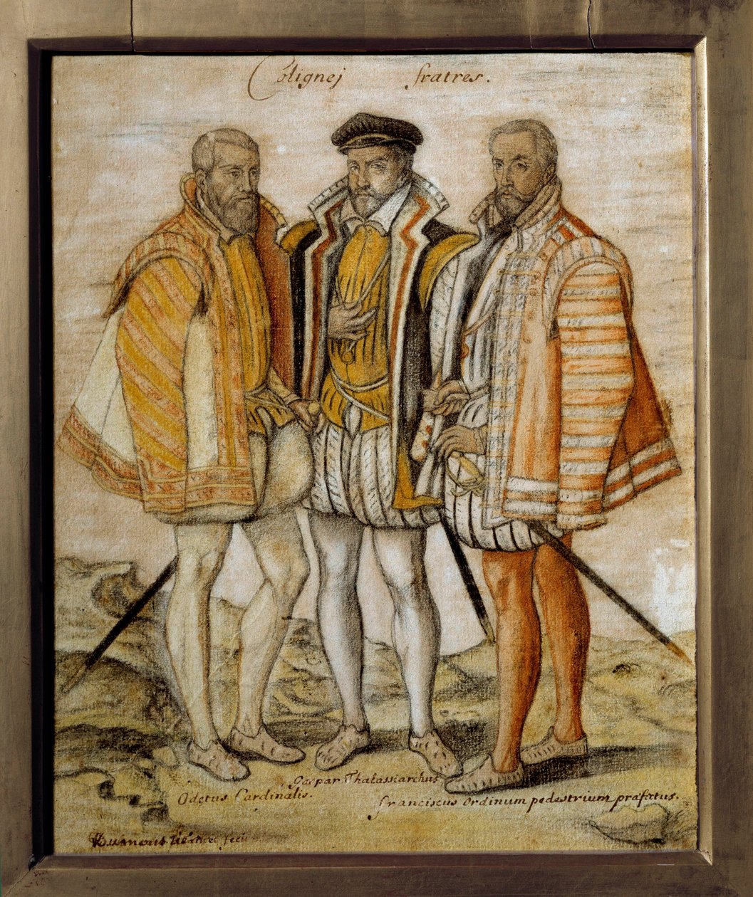 Muotokuva kolmesta veljeksestä Colignysta (Odet (1517-1571), Gaspard (1519-1572) ja Francois). Anonyymi piirustus. Aurinko 0,26x0,21 m Chantilly, museo Conde tekijältä French School