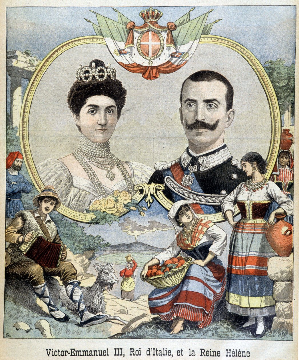 Victor Emmanuel III:n ja Montenegron Helenen, Italian hallitsijan, muotokuvia medaljongissa, kansi "The Petit Journal" 7.5.1903 (kaiverrus) tekijältä French School
