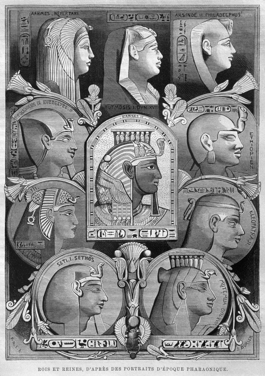 Muinaisen Egyptin kuningattareiden ja kuninkaiden muotokuvia, Georg Moritz Ebersin (1837-98) LEgypte, 1881 (bw-kaiverrus) tekijältä French School