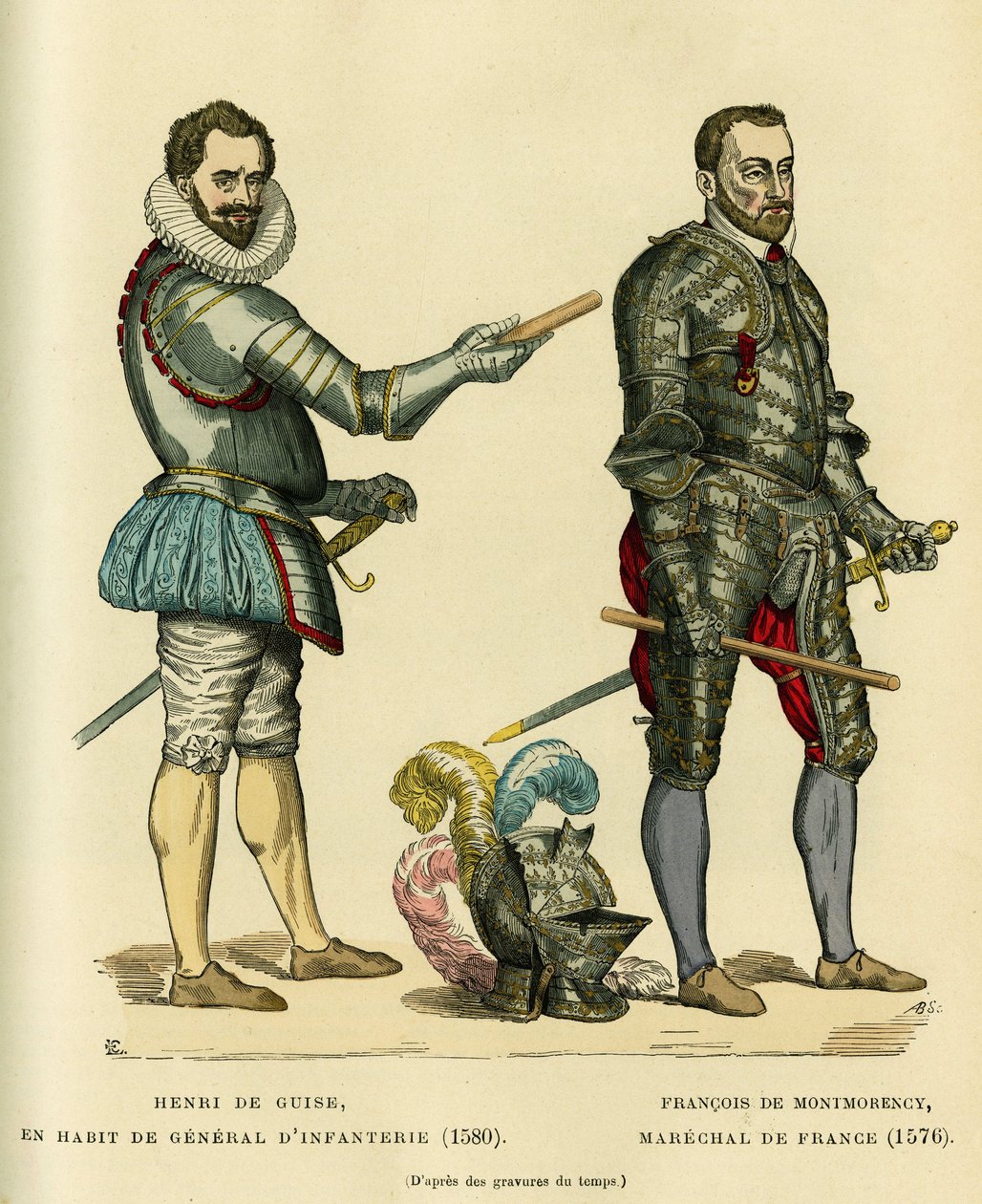 Muotokuvia Henri I de Guisesta, joka tunnetaan nimellä Balafre (1549-1588), jalkaväen kenraalin takki vuonna 1580 ja Francois de Montmorencysta (1530-1579), Ranskan marechal noin 1576. Värikaiverrus, kirjassa "France et les francais a travers les siecles”, tekijältä French School