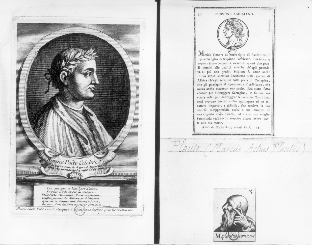 Muotokuvia Horatiuksesta (65-8 eaa.), Scipio Aemilianuksesta (Africanus Minor) (185-129 eKr.) ja Plautusista (n. 254-184 eaa.) tekijältä French School