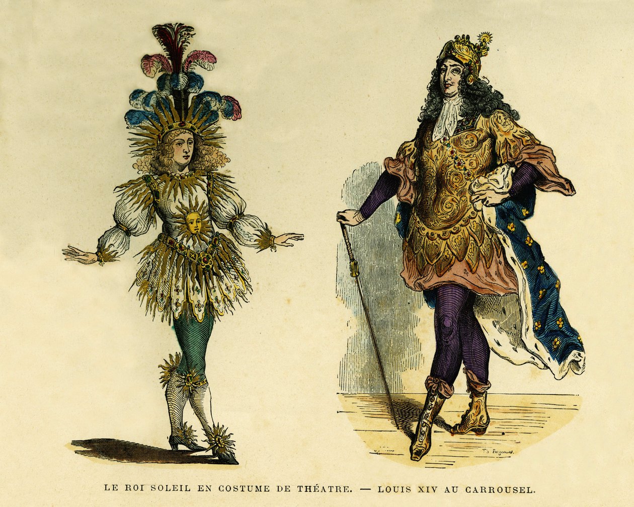 Kuningas Ludvig XIV:n (1638-1715) muotokuvia teatteriasussa ja karusellissa. Värikaiverrus, teoksessa "France et les francais a travers les centuries" Augustin Challamel, F.Royn toimittaja, Paris 1882. Selva Collection. tekijältä French School