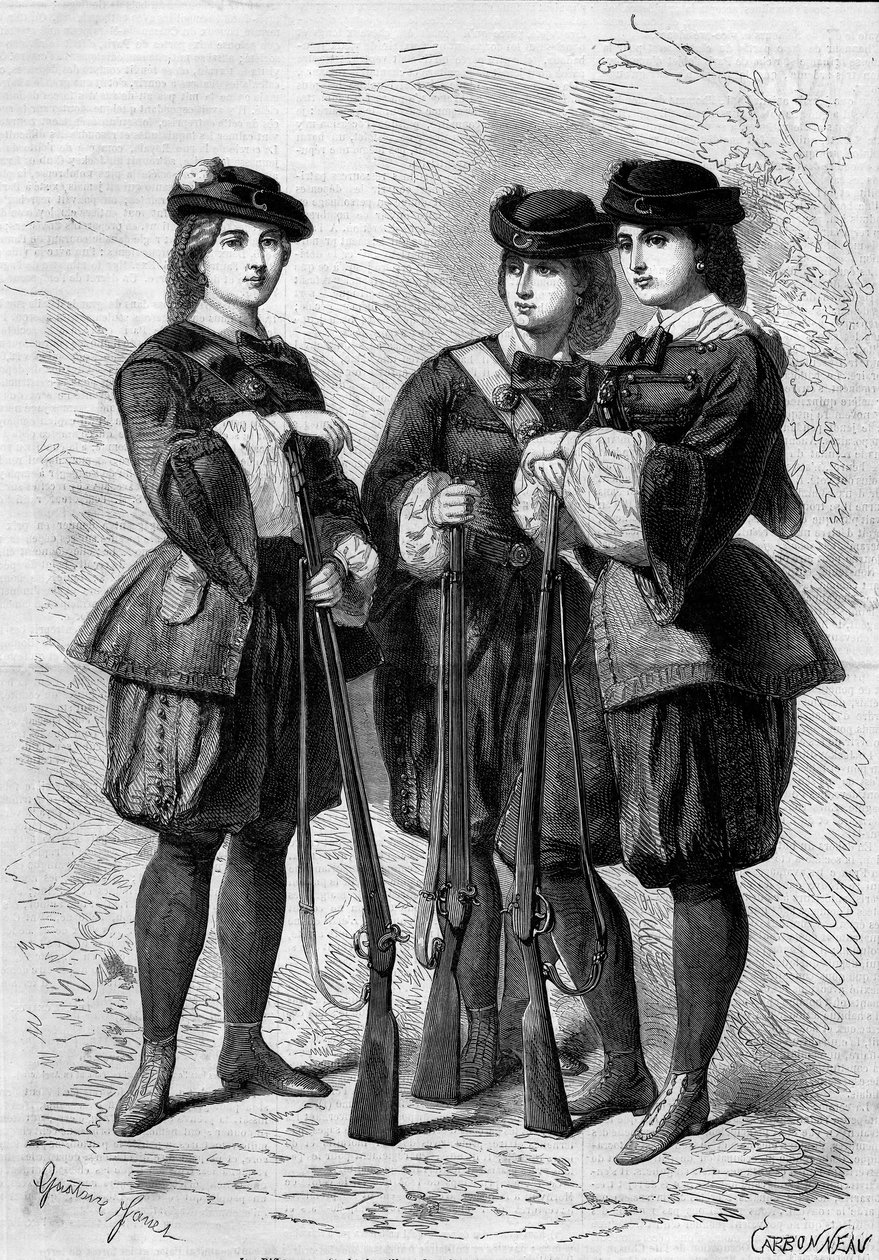 Riflenaisten muotokuvia: naispuolisten vapaaehtoisten pataljoonat Englannissa. Kaiverrus "" Le Monde Illustré" -julkaisussa nro 172, 28. heinäkuuta 1860. tekijältä French School