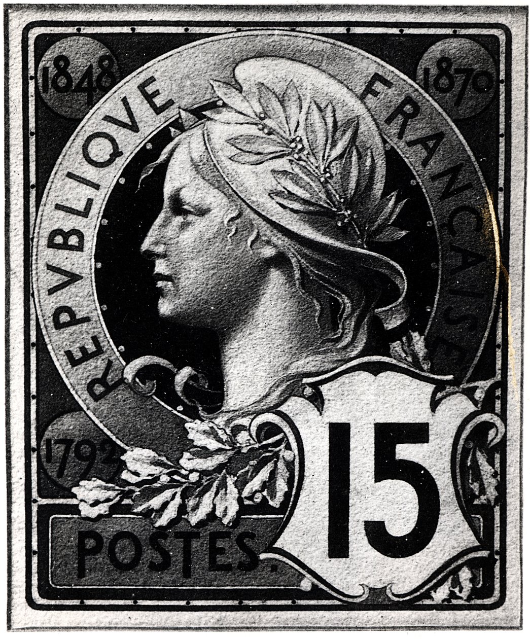 Postimerkki, jossa on kuvattu Marianne, Ranskan tasavallan virallinen edustusto, n. 1893 tekijältä French School