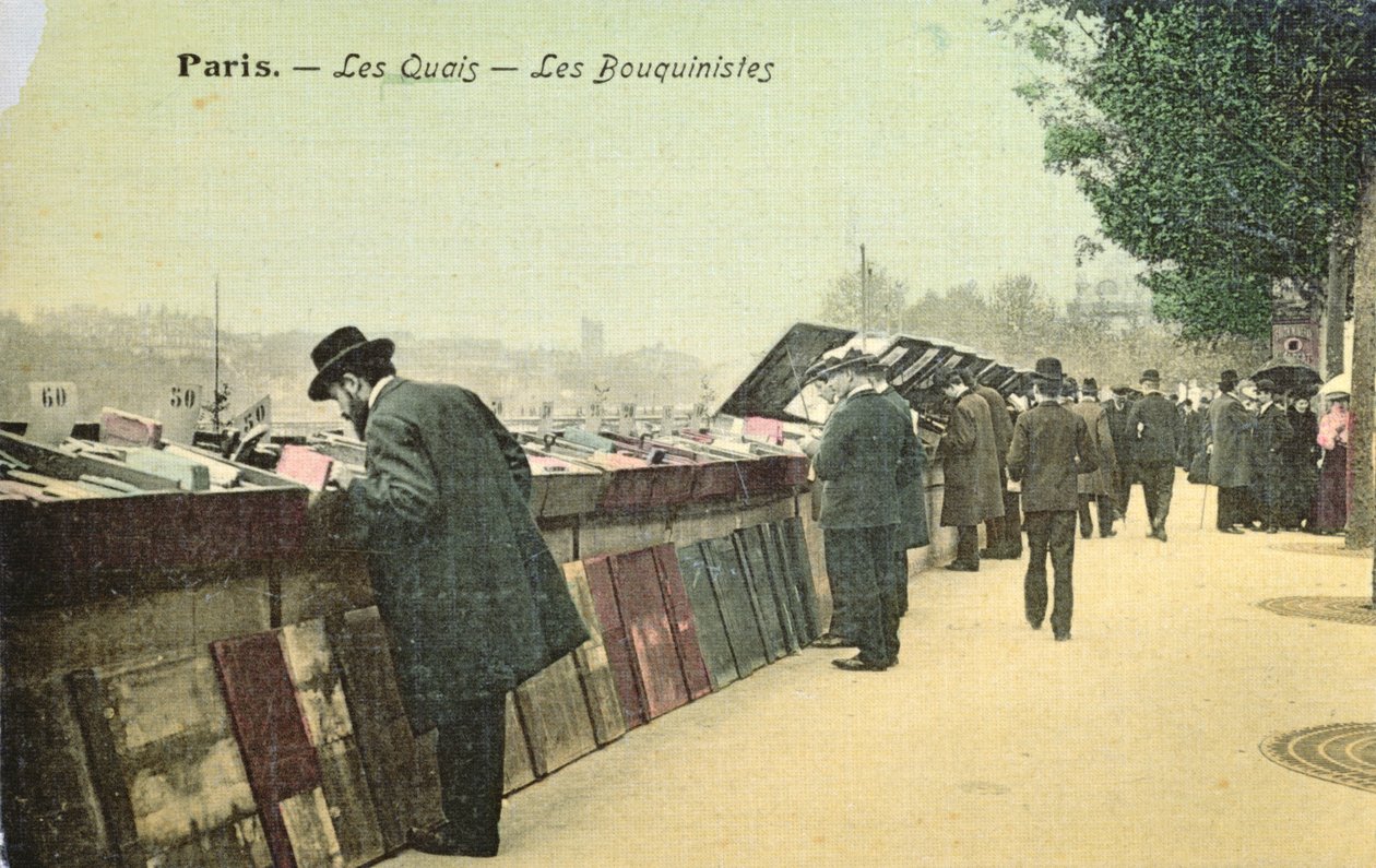 Postikortti, joka kuvaa bouquinisteja Seinen vasemmalla rannalla, Pariisissa, ennen vuotta 1914 (värillinen kuva) tekijältä French School