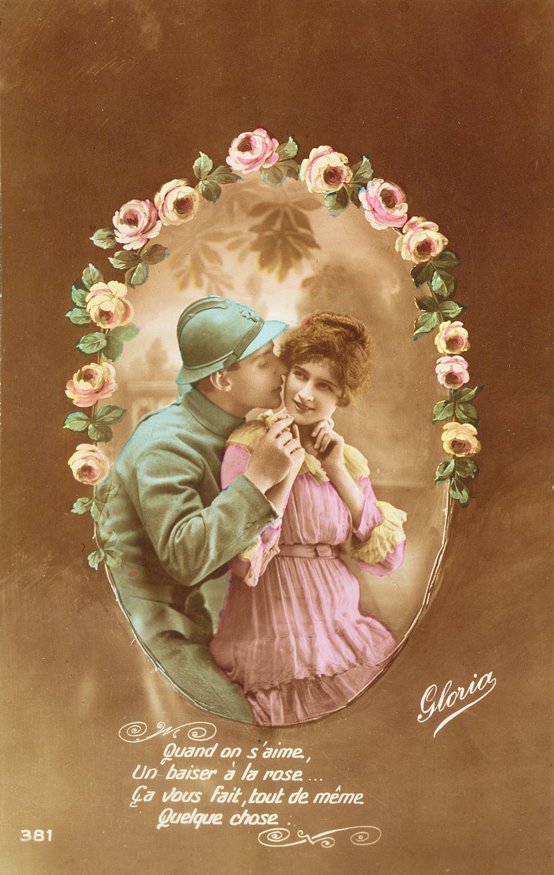 Postikortti, joka kuvaa ranskalaista sotilasta ja hänen rakastajaansa, 1914-18 (värillinen kuva) tekijältä French School