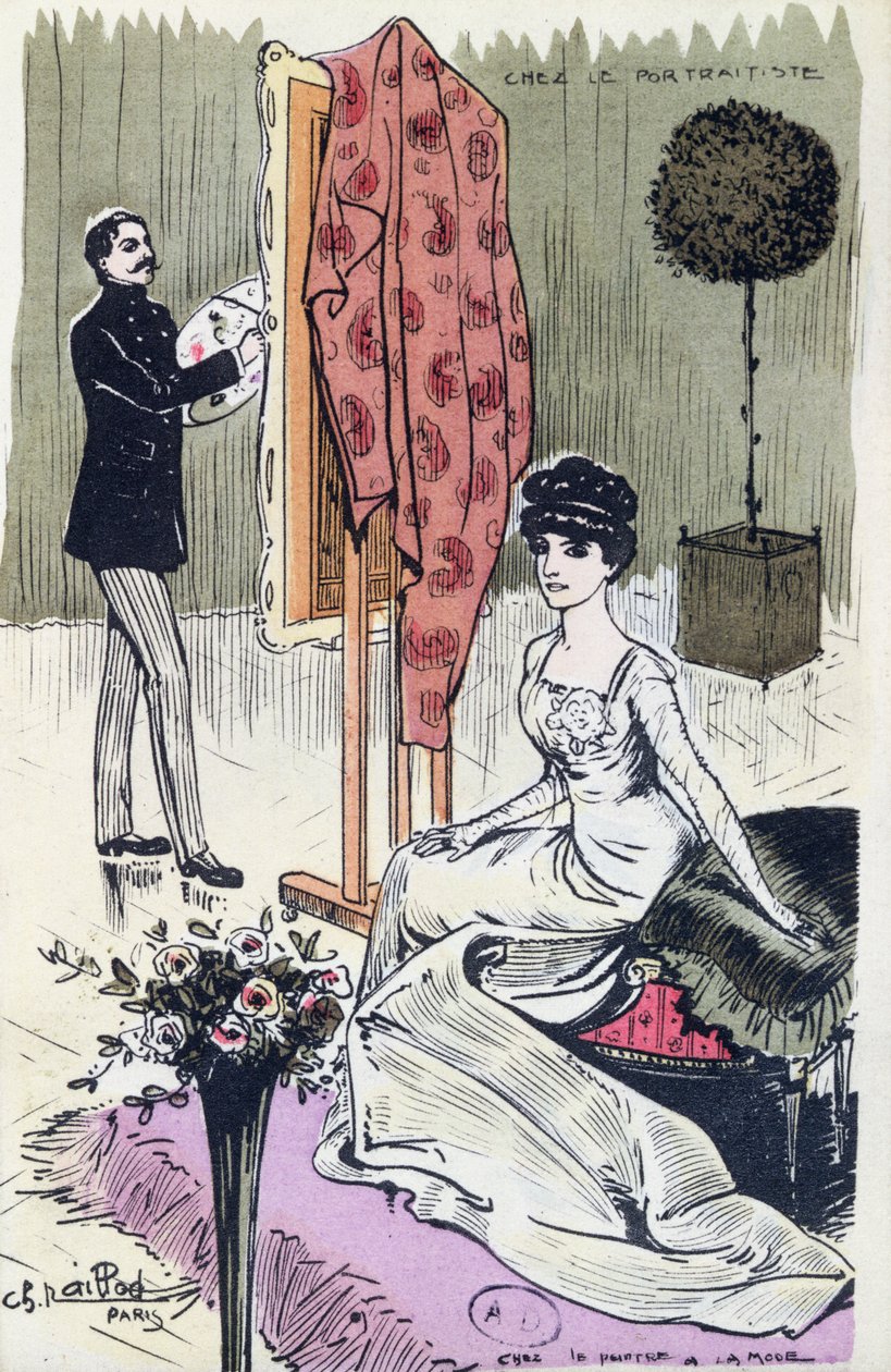 Postikortti, jossa on muodikas muotokuvamaalari työssä, 1910 tekijältä French School