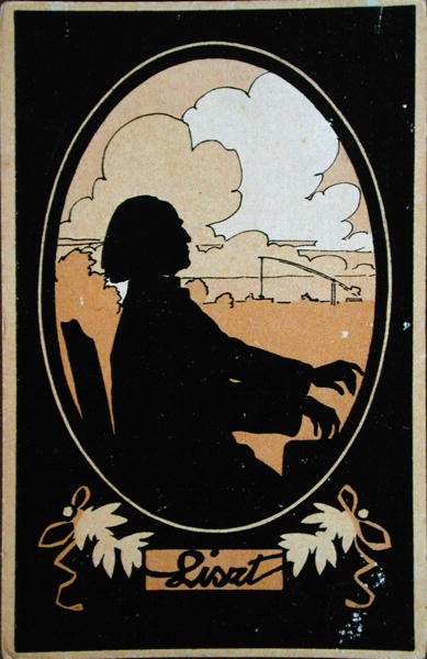 Franz Lisztin (1811-86) postikortti, taustalla Unkarin maaseutu, n. 1910 (värilitho) tekijältä French School