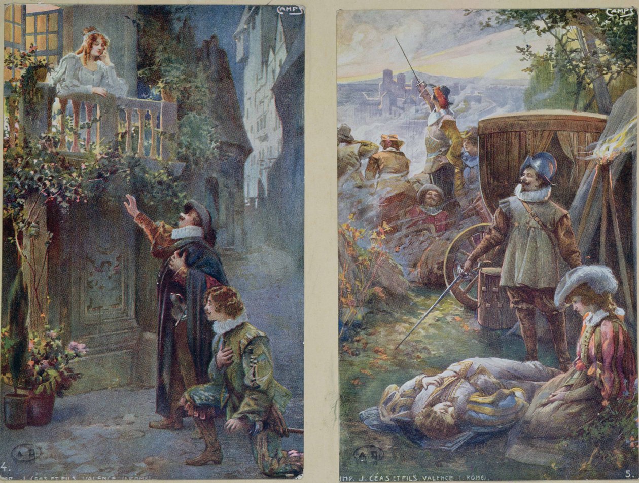 Postikortit, jotka kuvaavat Cyrano de Bergeracia Roxannen ja Christianin kuoleman kanssa, n. 1900 tekijältä French School