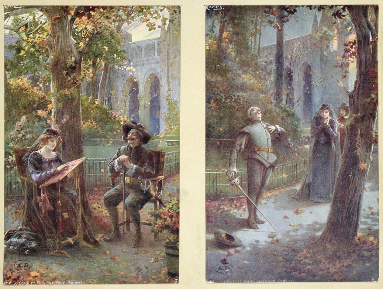 Postikortit, jotka kuvaavat Cyrano de Bergeracia Roxannen kanssa, n. 1900 tekijältä French School