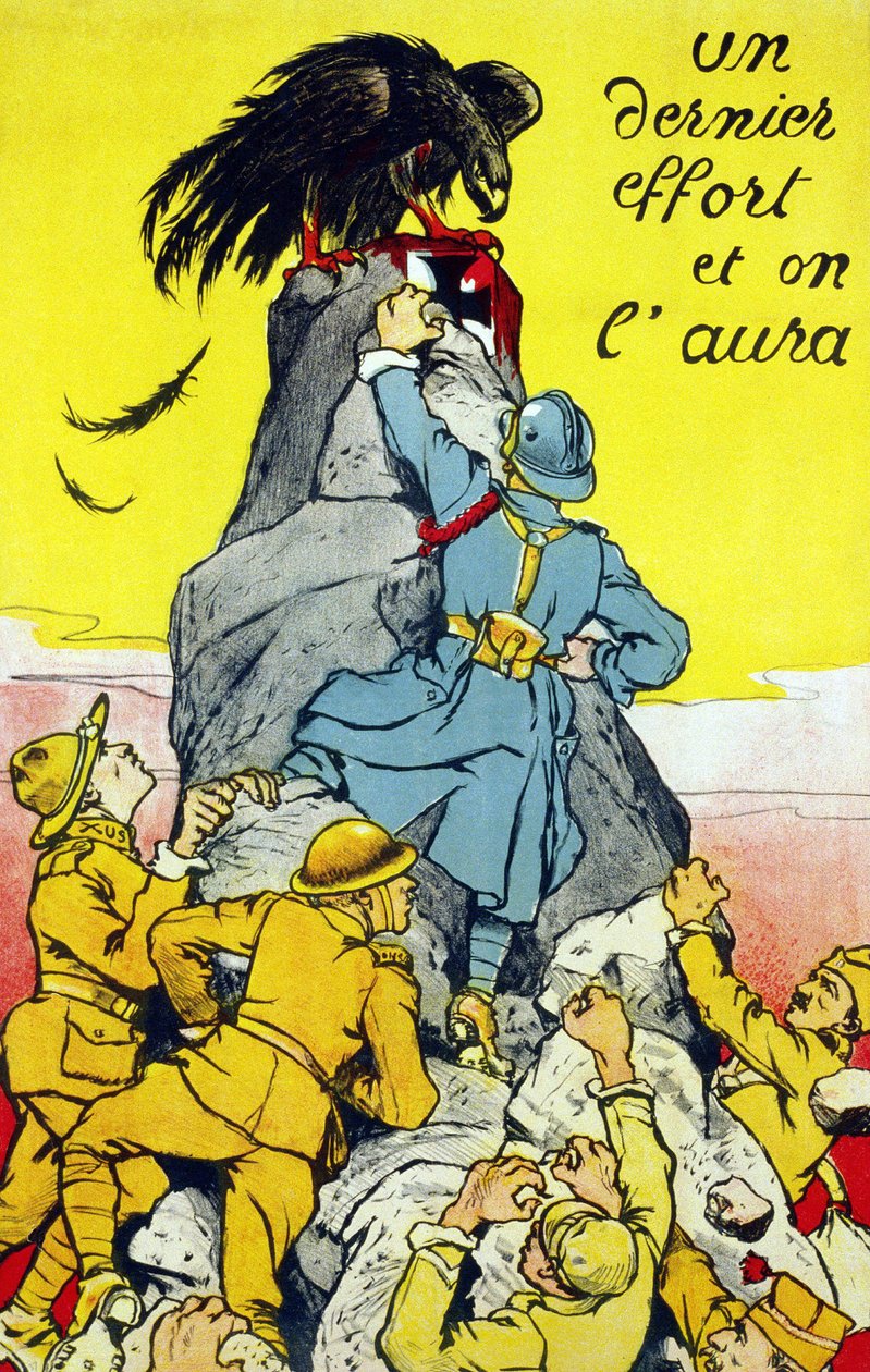 Juliste """ Vielä viimeinen ponnistus, ja se onnistuu""": liittolaiset (Ranska, USA, Venäjä jne...) saavuttavat saksalaisen kotkan kyydissä olevan kiven huipulle. Lithografia 1917. tekijältä French School