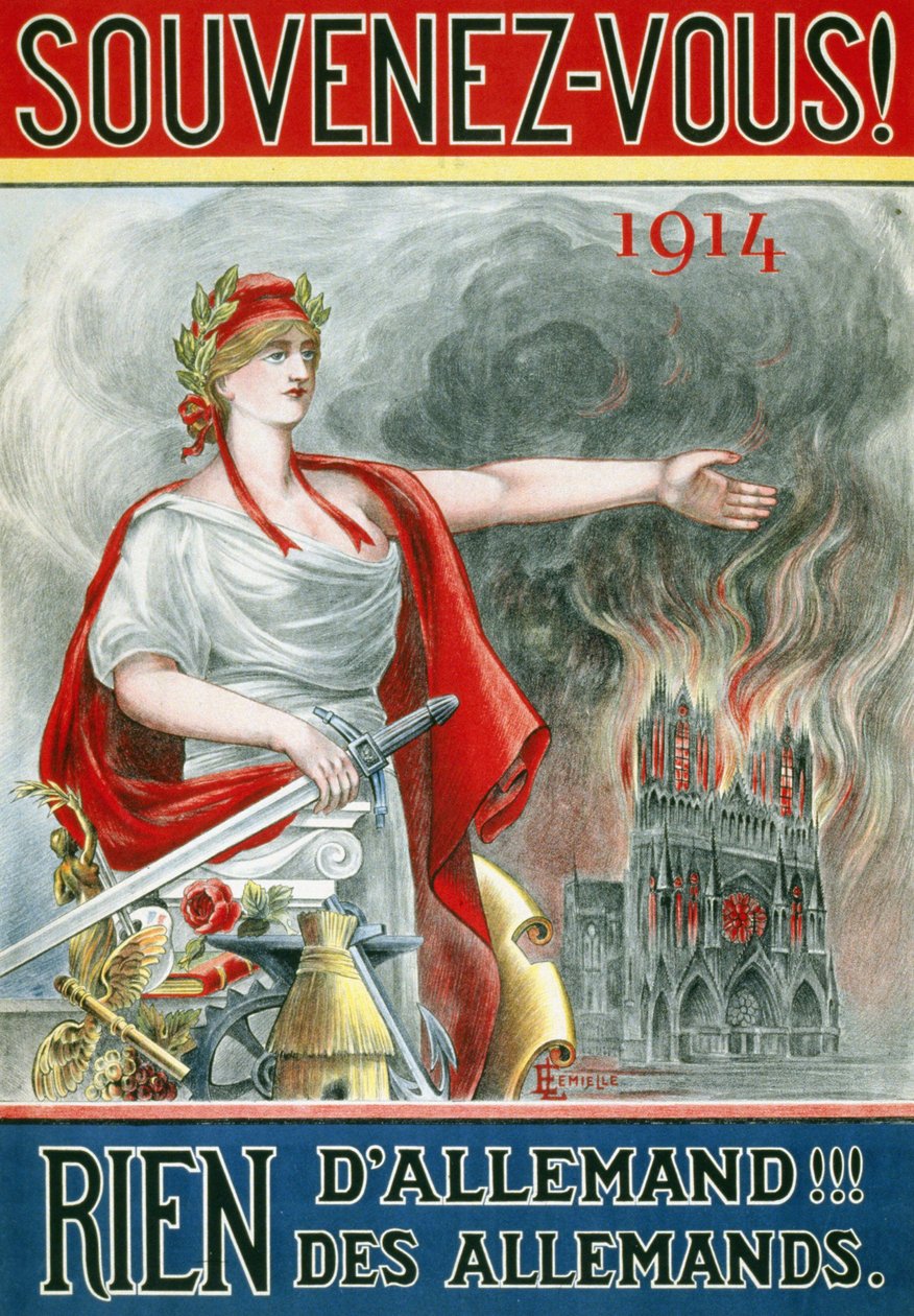 Juliste "" Muista! 1914. Ei mitään saksalaista!!! saksalaisista"". (Marianne näyttää tulessa olevaa Reimsin katedraalia), julkaistu noin 1915. tekijältä French School