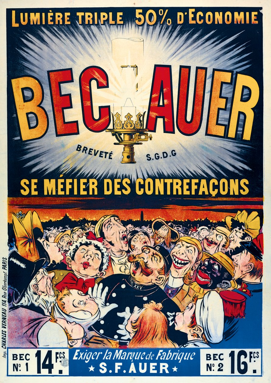 Becauer-öljylamppujen julistemainos, paina Charles Verneau, 1890 tekijältä French School