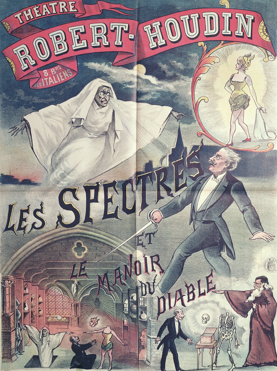Haamuja ja paholaisen taloa mainostava juliste Robert-Houdinin teatterissa, Pariisissa, n. 1870 tekijältä French School