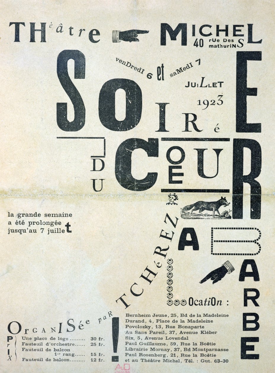 Soiree du Coeur a Barbea mainostava juliste Michelin teatterissa 6. ja 7. heinäkuuta 1923 tekijältä French School
