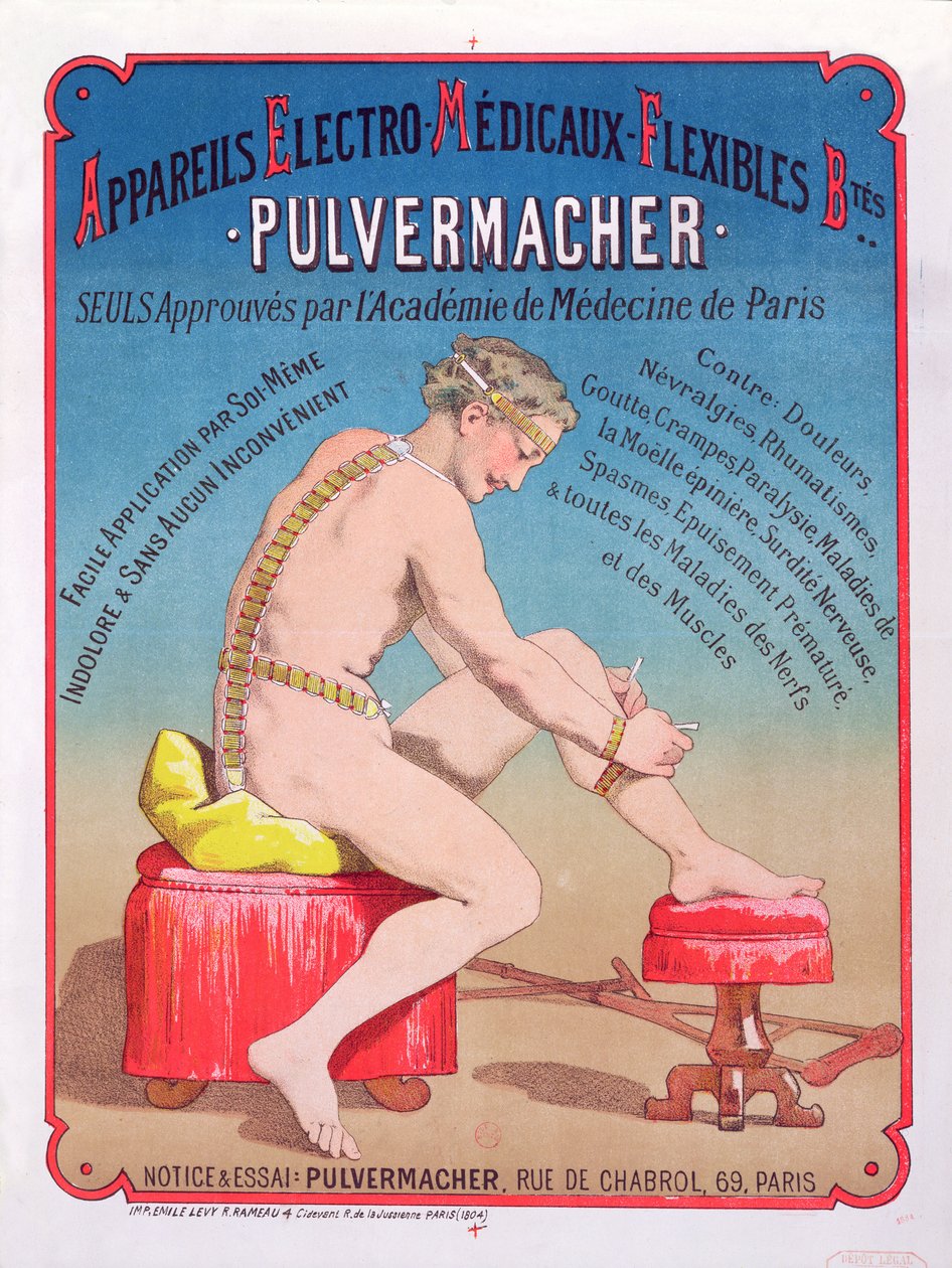 Juliste, joka mainostaa sähkölääketieteellistä vartalohieronta- ja stimulaatiolaitetta Pulvermacher, 1884 tekijältä French School